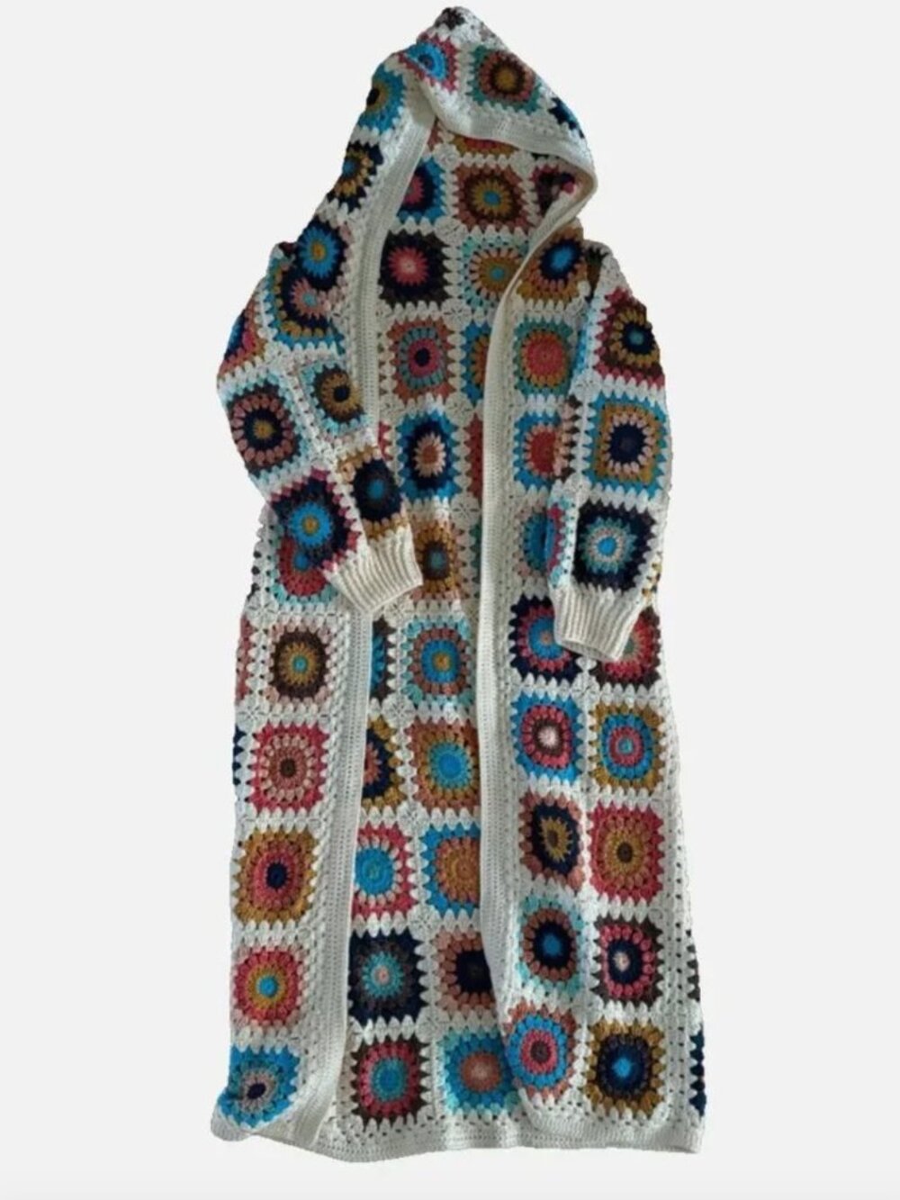 Granny Square Cardigan Crochet Sweater Maxi Long Hooded Afghan 100% Org Cotton